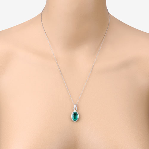 IGI Certified 3.99 Carat Genuine Zambian Emerald and White Diamond 14K White Gold Pendant