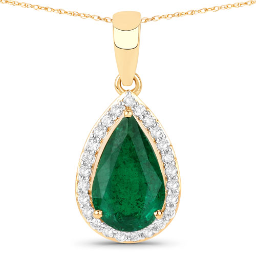 Emerald-IGI Certified 1.76 Carat Genuine Zambian Emerald and White Diamond 14K Yellow Gold Pendant