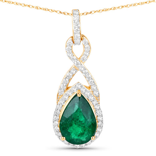 Emerald-IGI Certified 1.75 Carat Genuine Zambian Emerald and White Diamond 14K Yellow Gold Pendant