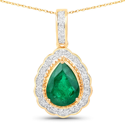 Emerald-IGI Certified 2.42 Carat Genuine Zambian Emerald and White Diamond 14K Yellow Gold Pendant