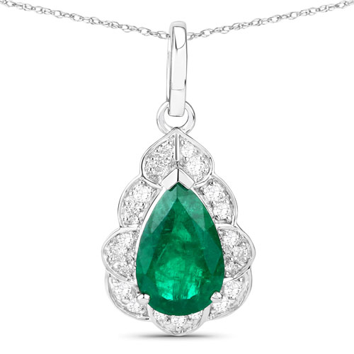 Emerald-IGI Certified 1.58 Carat Genuine Zambian Emerald and White Diamond 14K White Gold Pendant