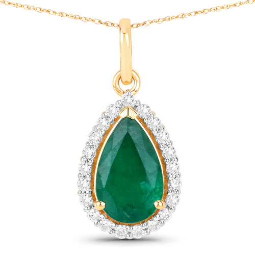 Emerald-IGI Certified 1.82 Carat Genuine Zambian Emerald and White Diamond 14K Yellow Gold Pendant