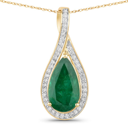 Emerald-IGI Certified 3.16 Carat Genuine Zambian Emerald and White Diamond 14K Yellow Gold Pendant