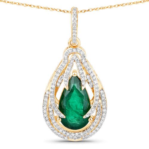 Emerald-IGI Certified 2.71 Carat Genuine Zambian Emerald and White Diamond 14K Yellow Gold Pendant