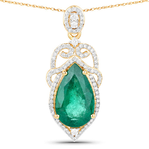 Emerald-IGI Certified 3.89 Carat Genuine Zambian Emerald and White Diamond 14K Yellow Gold Pendant