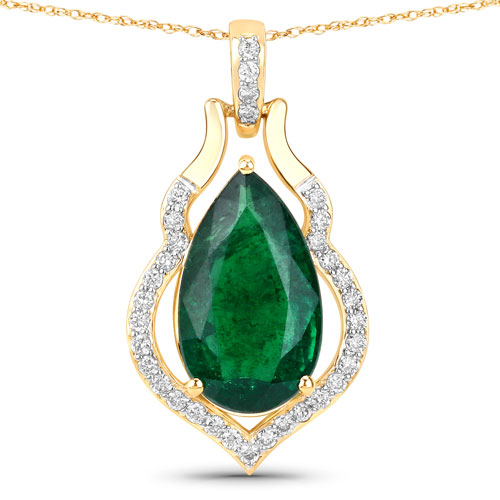 Emerald-IGI Certified 3.60 Carat Genuine Zambian Emerald and White Diamond 14K Yellow Gold Pendant