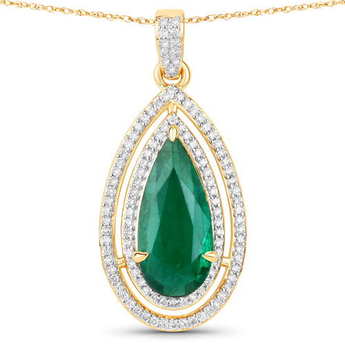 Emerald-IGI Certified 2.17 Carat Genuine Zambian Emerald and White Diamond 14K Yellow Gold Pendant