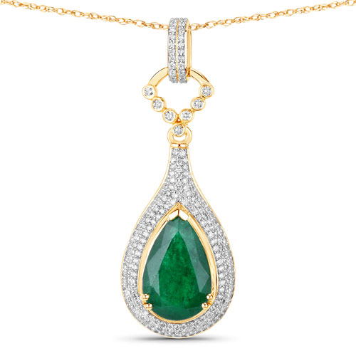 Emerald-IGI Certified 4.30 Carat Genuine Zambian Emerald and White Diamond 14K Yellow Gold Pendant
