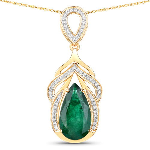 Emerald-IGI Certified 4.33 Carat Genuine Zambian Emerald and White Diamond 14K Yellow Gold Pendant