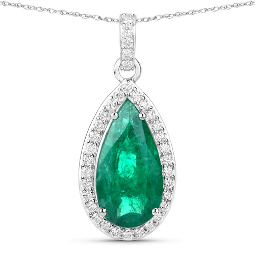 Emerald-IGI Certified 3.66 Carat Genuine Zambian Emerald and White Diamond 14K White Gold Pendant