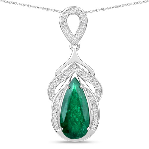 Emerald-IGI Certified 4.14 Carat Genuine Zambian Emerald and White Diamond 14K White Gold Pendant