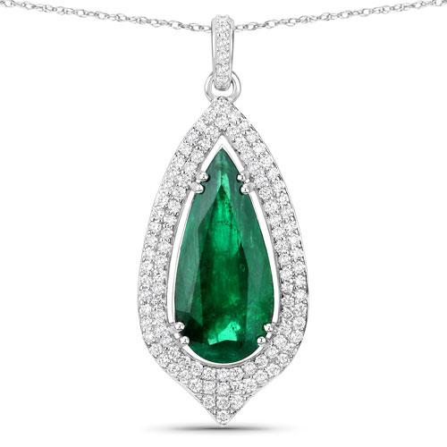 Emerald-IGI Certified 5.37 Carat Genuine Zambian Emerald and White Diamond 14K White Gold Pendant