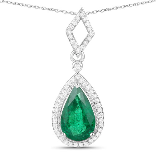 Emerald-IGI Certified 1.81 Carat Genuine Zambian Emerald and White Diamond 14K White Gold Pendant