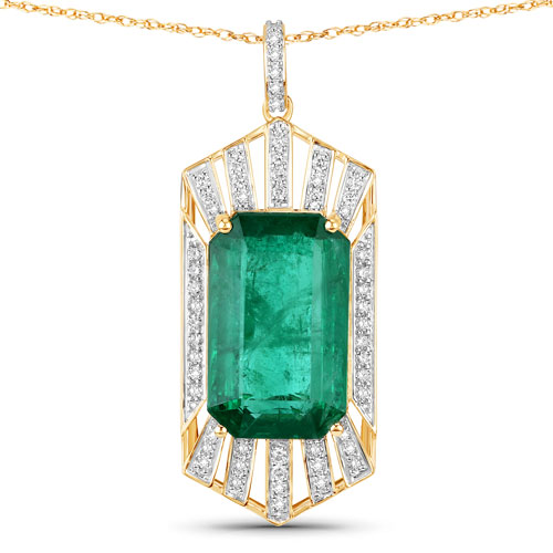 Emerald-IGI Certified 19.34 Carat Genuine Zambian Emerald and White Diamond 14K Yellow Gold Pendant