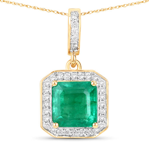 Emerald-IGI Certified 2.01 Carat Genuine Zambian Emerald and White Diamond 14K Yellow Gold Pendant