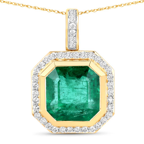 Emerald-IGI Certified 6.26 Carat Genuine Zambian Emerald and White Diamond 14K Yellow Gold Pendant