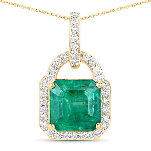 Emerald-IGI Certified 3.37 Carat Genuine Zambian Emerald and White Diamond 14K Yellow Gold Pendant