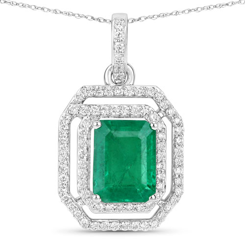 Emerald-IGI Certified 2.47 Carat Genuine Zambian Emerald and White Diamond 14K White Gold Pendant