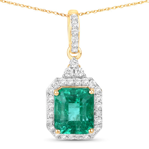 Emerald-IGI Certified 2.37 Carat Genuine Zambian Emerald and White Diamond 14K Yellow Gold Pendant