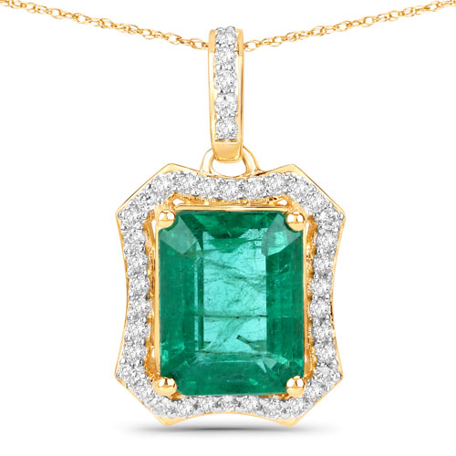 Emerald-IGI Certified 2.45 Carat Genuine Zambian Emerald and White Diamond 14K Yellow Gold Pendant