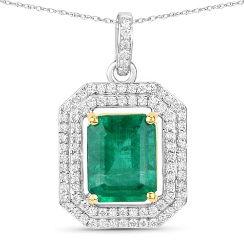 Emerald-IGI Certified 3.51 Carat Genuine Zambian Emerald and White Diamond 14K Yellow & White Gold Pendant