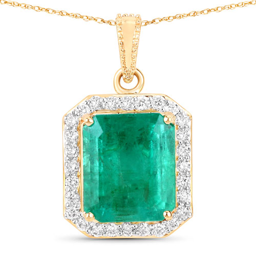Emerald-IGI Certified 3.87 Carat Genuine Zambian Emerald and White Diamond 14K Yellow Gold Pendant