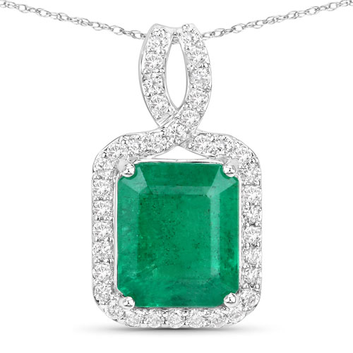 Emerald-IGI Certified 2.94 Carat Genuine Zambian Emerald and White Diamond 14K White Gold Pendant