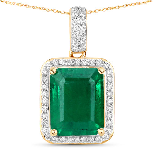 Emerald-IGI Certified 5.69 Carat Genuine Zambian Emerald and White Diamond 14K Yellow Gold Pendant