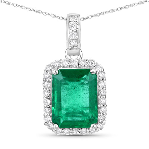 Emerald-IGI Certified 2.43 Carat Genuine Zambian Emerald and White Diamond 14K White Gold Pendant