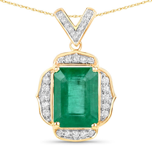 Emerald-IGI Certified 4.40 Carat Genuine Zambian Emerald and White Diamond 14K Yellow Gold Pendant