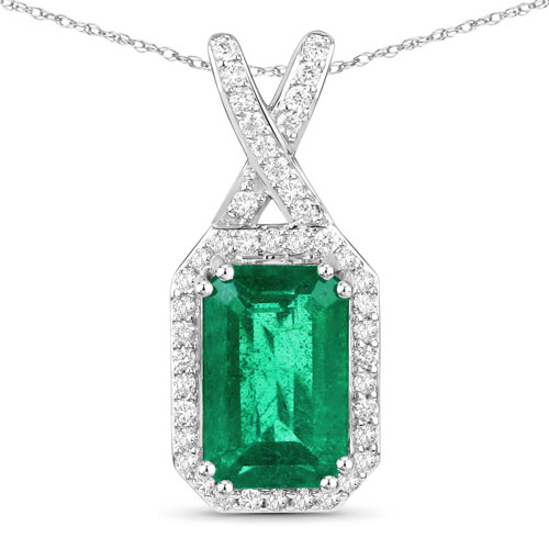 Emerald-IGI Certified 2.31 Carat Genuine Zambian Emerald and White Diamond 14K White Gold Pendant