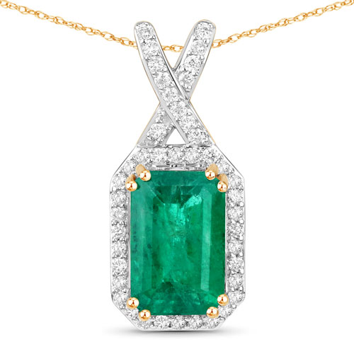 Emerald-IGI Certified 2.31 Carat Genuine Zambian Emerald and White Diamond 14K Yellow Gold Pendant