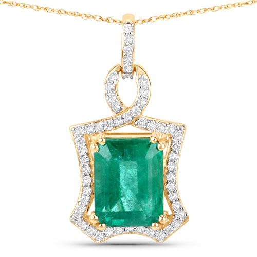 Emerald-IGI Certified 3.38 Carat Genuine Zambian Emerald and White Diamond 14K Yellow Gold Pendant