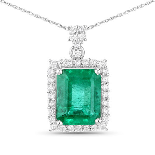 Emerald-IGI Certified 3.11 Carat Genuine Zambian Emerald and White Diamond 14K White Gold Pendant