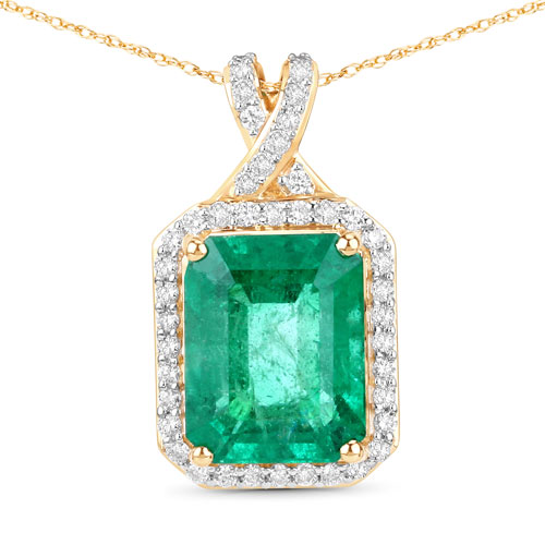 Emerald-IGI Certified 3.45 Carat Genuine Zambian Emerald and White Diamond 14K Yellow Gold Pendant
