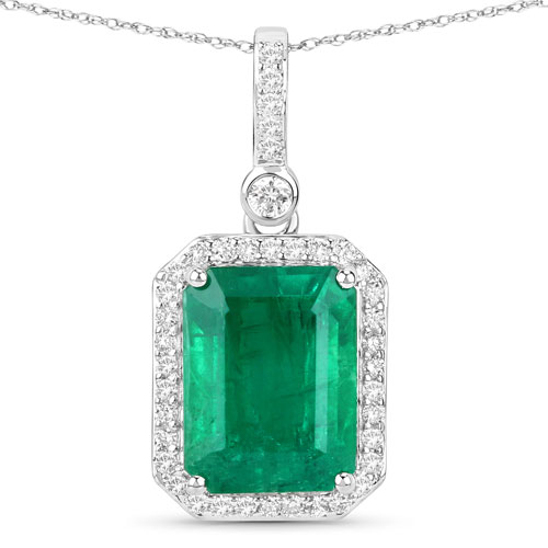 Emerald-IGI Certified 3.55 Carat Genuine Zambian Emerald and White Diamond 14K White Gold Pendant