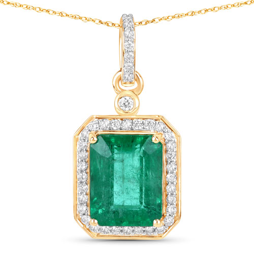 Emerald-IGI Certified 2.87 Carat Genuine Zambian Emerald and White Diamond 14K Yellow Gold Pendant