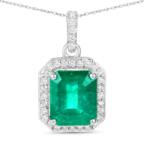 Emerald-IGI Certified 3.38 Carat Genuine Zambian Emerald and White Diamond 14K White Gold Pendant