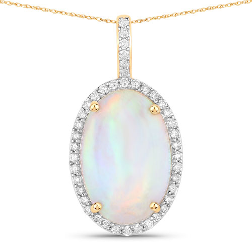 Opal-4.07 Carat Genuine Ethiopian Opal and White Diamond 14K Yellow Gold Pendant