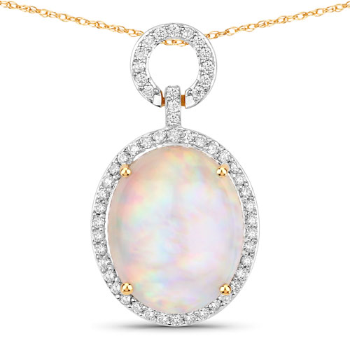 Opal-4.80 Carat Genuine Ethiopian Opal and White Diamond 14K Yellow Gold Pendant