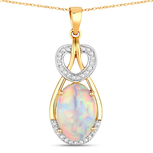 Opal-2.31 Carat Genuine Ethiopian Opal and White Diamond 14K Yellow Gold Pendant