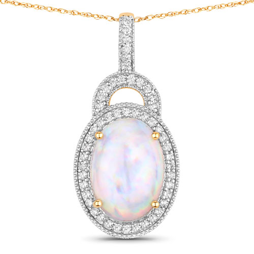 Opal-3.30 Carat Genuine Ethiopian Opal and White Diamond 14K Yellow Gold Pendant