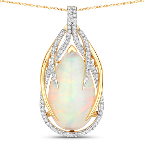 Opal-10.46 Carat Genuine Ethiopian Opal and White Diamond 14K Yellow Gold Pendant