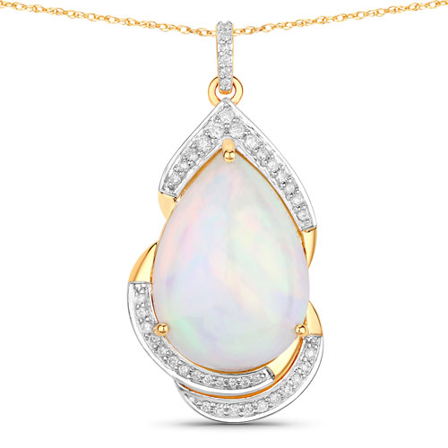 Opal-10.43 Carat Genuine Ethiopian Opal and White Diamond 14K Yellow Gold Pendant