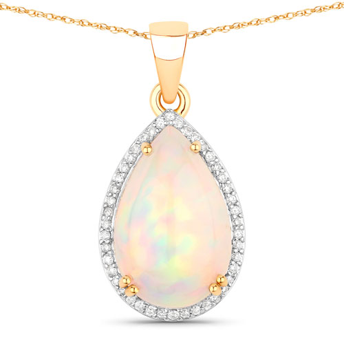 Opal-3.39 Carat Genuine Ethiopian Opal and White Diamond 14K Yellow Gold Pendant