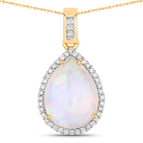 Opal-4.10 Carat Genuine Ethiopian Opal and White Diamond 14K Yellow Gold Pendant
