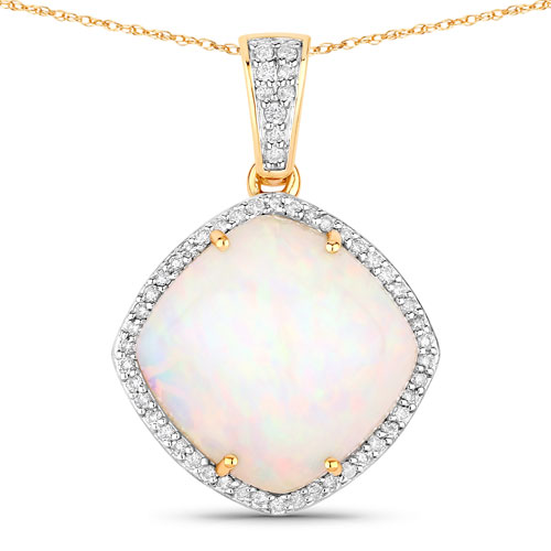 Opal-7.07 Carat Genuine Ethiopian Opal and White Diamond 14K Yellow Gold Pendant