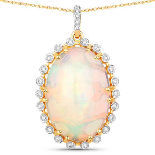 Opal-13.95 Carat Genuine Ethiopian Opal and White Diamond 14K Yellow Gold Pendant