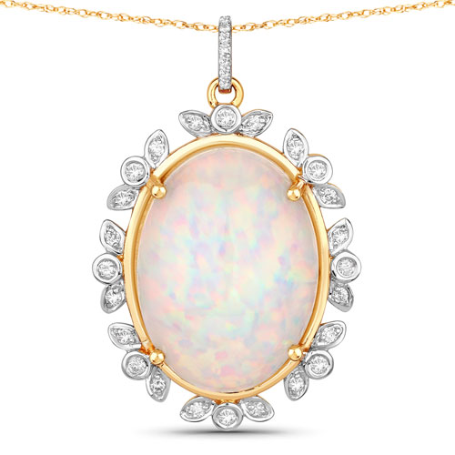 Opal-12.26 Carat Genuine Ethiopian Opal and White Diamond 14K Yellow Gold Pendant