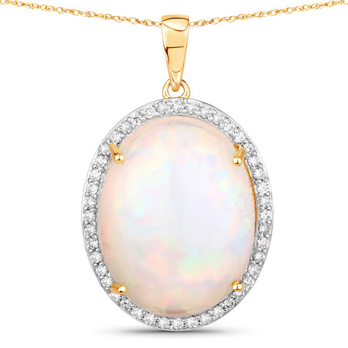 Opal-16.27 Carat Genuine Ethiopian Opal and White Diamond 14K Yellow Gold Pendant